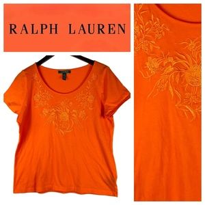 Ralph Lauren Sz XL 14 16 Top Shirt Tee Orange Floral Embroidered Chic